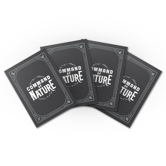 Four black cards with the text 