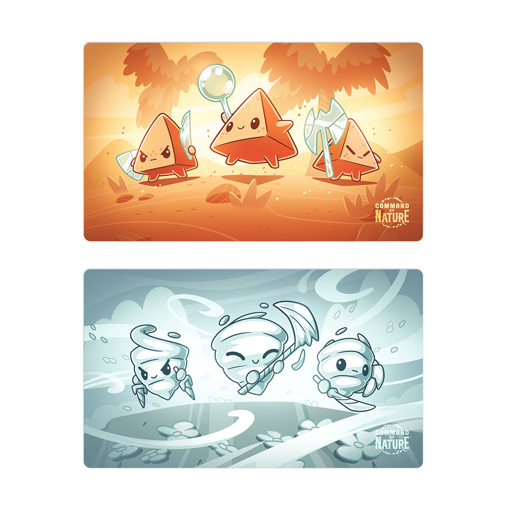 Experience the "Command of Nature: Sand & Wind Expansion Play Mat Set" by Unstable Games, featuring adorable triangular characters equipped with weapons and tools in a vibrant orange environment, while similar themed characters flaunt aquatic accessories in a serene blue underwater setting.