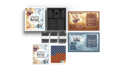 Board game components displayed, including a box, an instruction booklet, six cards, a game board, and tokens. The "Command of Nature: Sand & Wind Expansion" by Unstable Games introduces new factions and mechanics with animal-themed illustrations that explore the elements of erosion and tailwind.