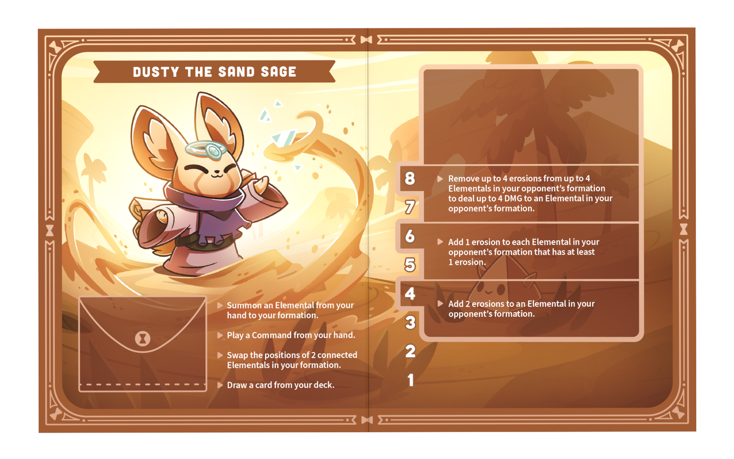 Illustration of "Dusty the Sand Sage" with gameplay instructions. The left page features Dusty and outlines 4 steps for playing cards. The right page lists 8 actions with point values, incorporating mechanics from Unstable Games' Command of Nature: Sand & Wind Expansion.