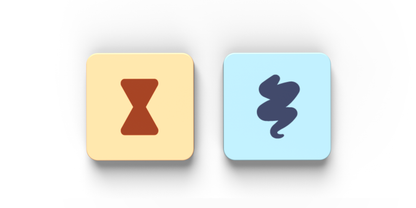 Two square buttons; the left is beige with a brown hourglass icon, and the right is light blue with a navy blue squiggly line icon, reflecting themes from the Command of Nature: Sand & Wind Expansion by Unstable Games.