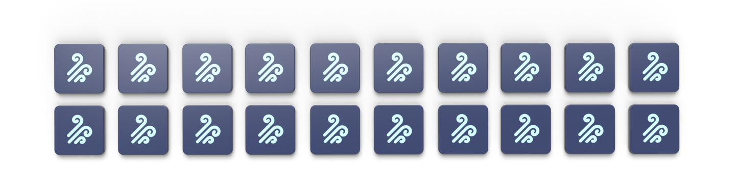 Seventeen equal-sized, blue square icons with a white, abstract, swirling symbol arranged in three rows hint at the new factions and mechanics introduced in the Command of Nature: Sand & Wind Expansion by Unstable Games.