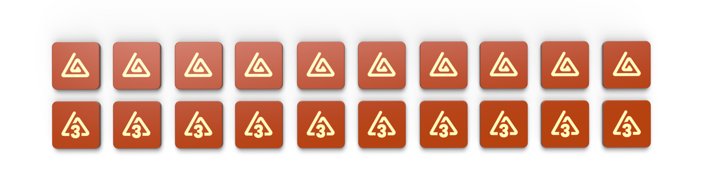 A series of 21 red cards featuring a triangular white symbol that resembles a recycling icon, displayed in three rows, introduces new factions and mechanics from the Command of Nature: Sand & Wind Expansion by Unstable Games.