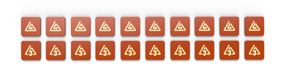 A series of 21 red cards featuring a triangular white symbol that resembles a recycling icon, displayed in three rows, introduces new factions and mechanics from the Command of Nature: Sand & Wind Expansion by Unstable Games.