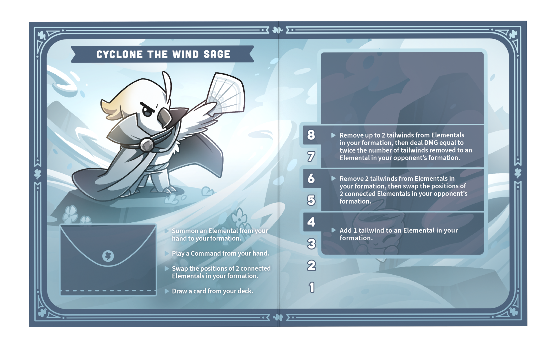 The instruction card titled "Cyclone the Wind Sage" features a bird character holding a fan and provides steps to summon and manipulate Elementals, including removing and adding them to your formation. With the Command of Nature: Sand & Wind Expansion by Unstable Games, explore new factions and mechanics for an enhanced gameplay experience.