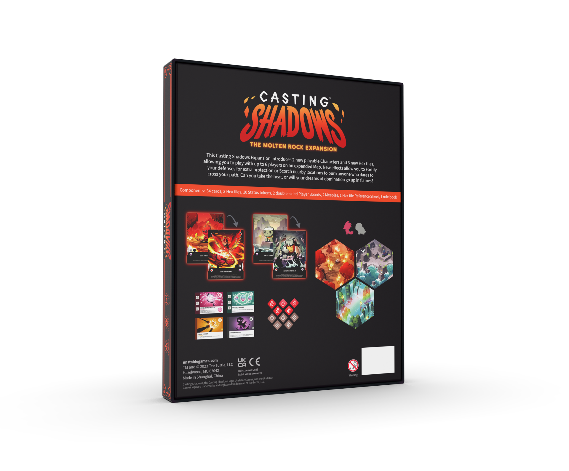 Back view of the "Casting Shadows: The Molten Rock Expansion" by Unstable Games. The text describes gameplay features and showcases vibrant images of game components, including cards and dice.