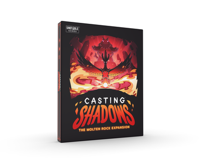 The box cover of Unstable Games' "Casting Shadows: The Molten Rock Expansion" showcases fiery, volcanic artwork and features a central character emerging from lava.