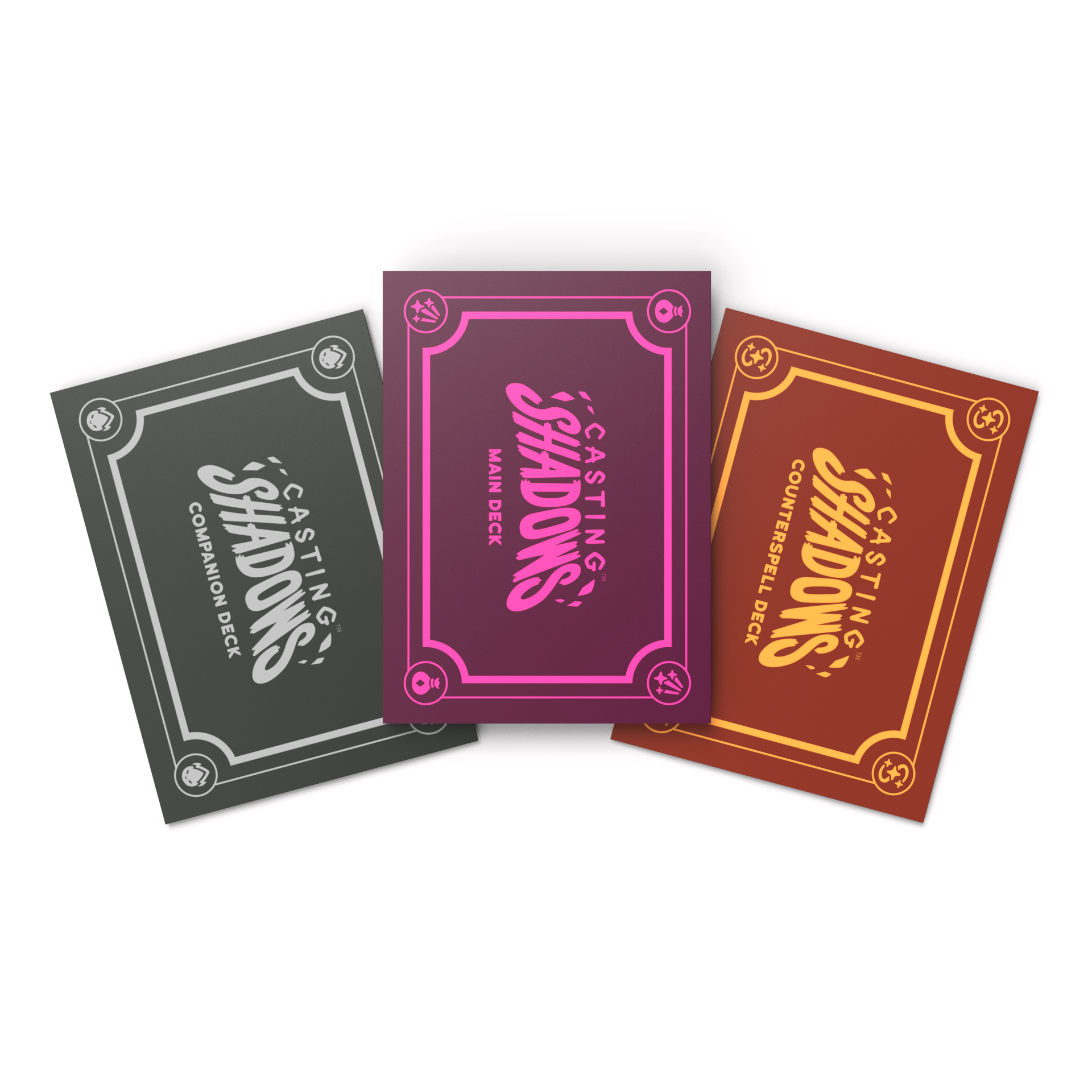 Three card decks in gray, purple, and orange with "Casting Shadows: Card Sleeves" text on them, displayed overlapping on a white background.