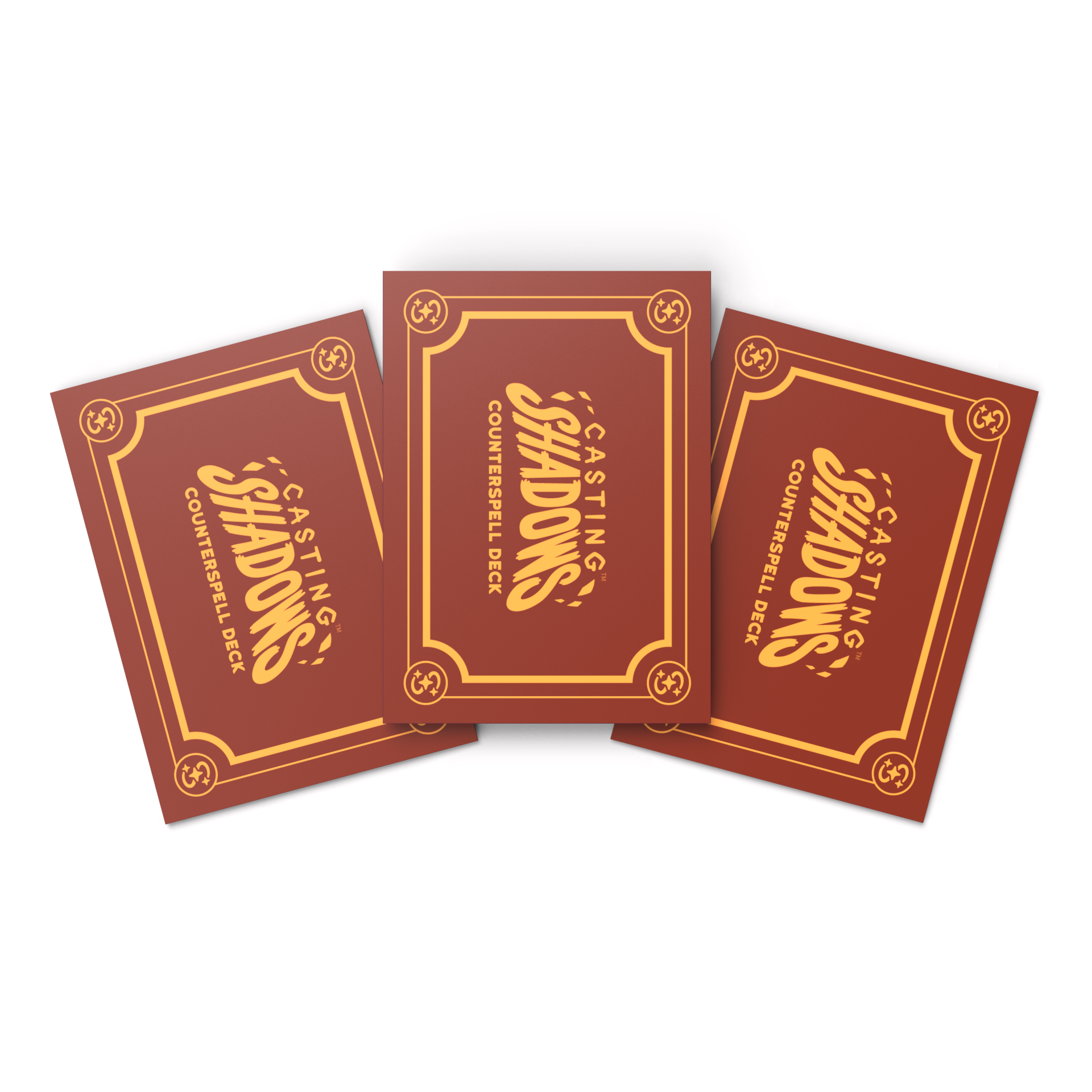 Four "Casting Shadows: Card Sleeves" playing cards fanned out, displayed on a white background by Unstable Games.