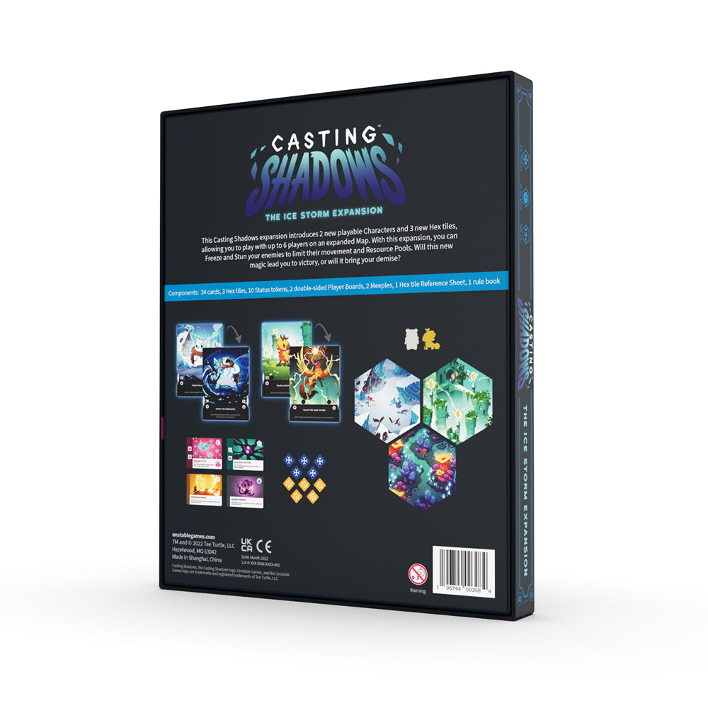 A 3D rendering of the strategic board game box titled "Casting Shadows: Base Game + The Ice Storm Expansion Bundle," showcasing game details and artwork on the back by Unstable Games.