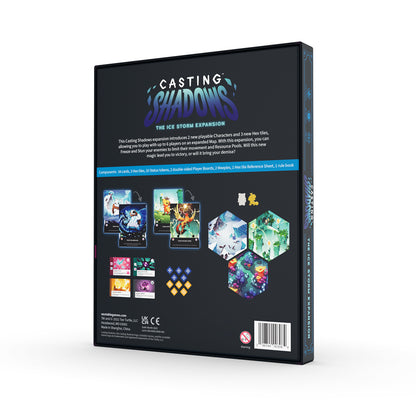 3D view of a board game box titled "Casting Shadows: The Ice Storm Expansion" from Unstable Games, displaying playable characters, images, and textual information on the back cover.