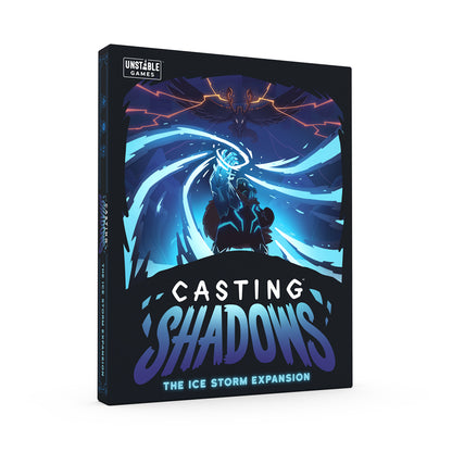 A boxed board game titled "Casting Shadows: The Ice Storm Expansion" by Unstable Games, featuring vibrant artwork of a fantasy character casting magic and including new hex tiles.