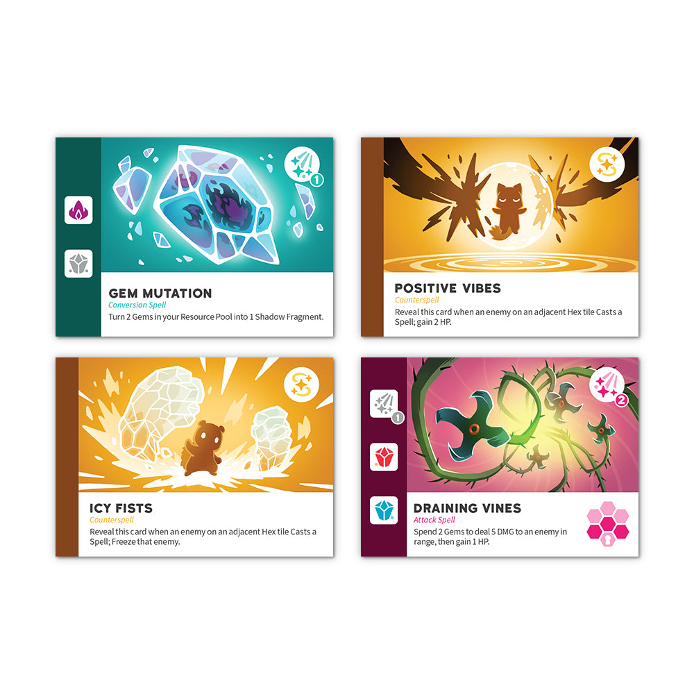 Four colorful game cards with various symbols and text, displaying themes of gem mutation, positive vibes, icy chains, and seed bombs. Each card represents a different spell or ability from the Casting Shadows: The Ice Storm Expansion by Unstable Games.