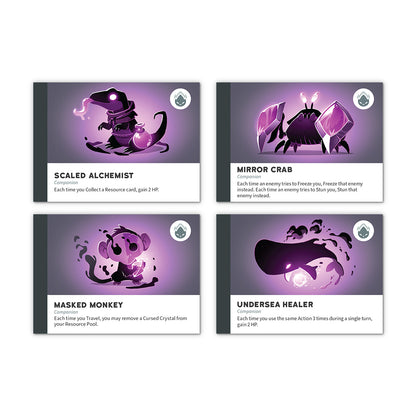 Four Casting Shadows: The Ice Storm Expansion playing cards by Unstable Games featuring mythical creatures with special abilities, in purple and black tones, each depicting unique illustrations and playable characters.