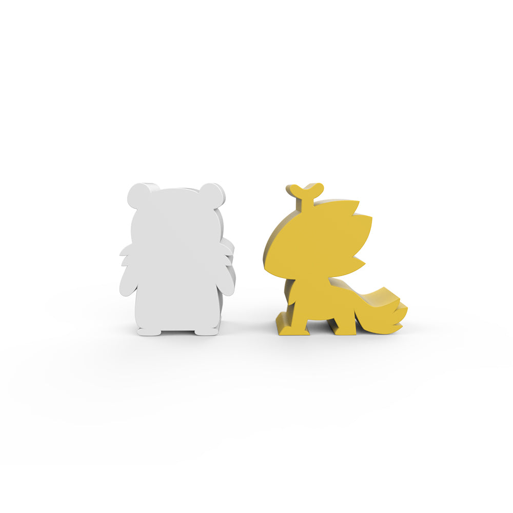 Two stylized, cartoonish animal figures, one white and one yellow, standing facing away from each other on a white background, now featured as playable characters in "Casting Shadows: The Ice Storm Expansion" by Unstable Games.