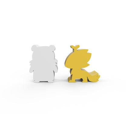 Two cartoonish animal figures, one gray and one yellow, facing away from each other on a white background, depict characters from the Unstable Games board game "Casting Shadows: Base Game + The Ice Storm Expansion Bundle.