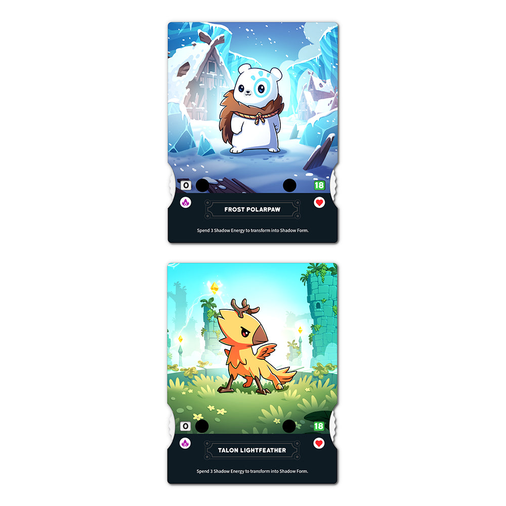 Two illustrated trading cards from Casting Shadows: Base Game + The Ice Storm Expansion Bundle board game by Unstable Games, depicting "frost polarpaw" showing a white bear with an icy background, and "talon lightfeather" showing a brown bird.