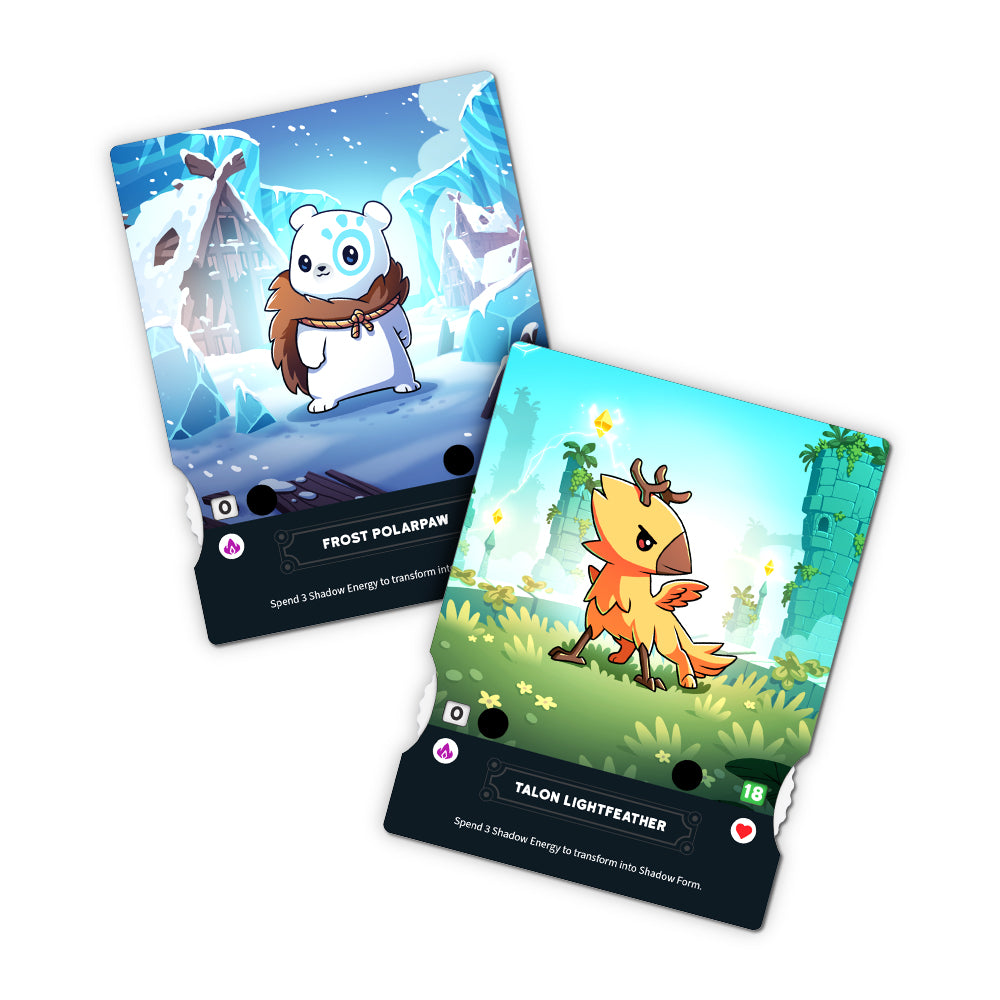 Two illustrated trading cards from Unstable Games' Casting Shadows: The Ice Storm Expansion featuring fictional creatures: one, a white polar bear-like creature named Frost Polarpan on a snowy background; the other, a fiery bird-like creature named Talon Lightfeather.