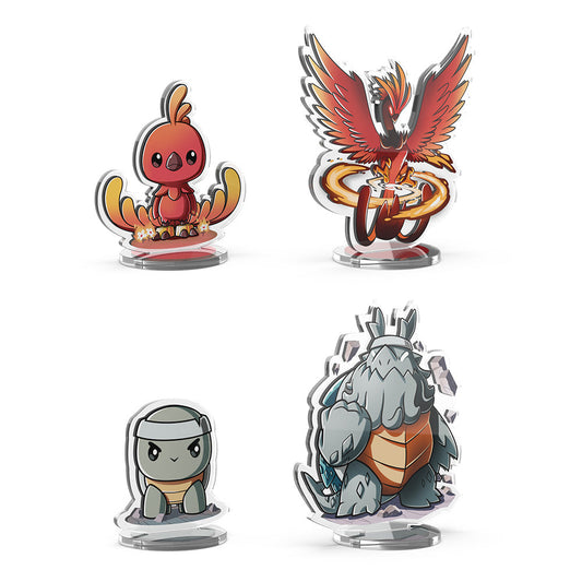 The Casting Shadows: Molten Rock Expansion Standee Set by Unstable Games features four cartoon-style character figures displayed on clear desk toys. This set includes two bird-like creatures positioned at the top and two turtle-like creatures at the bottom, all mounted on sturdy acrylic standees.