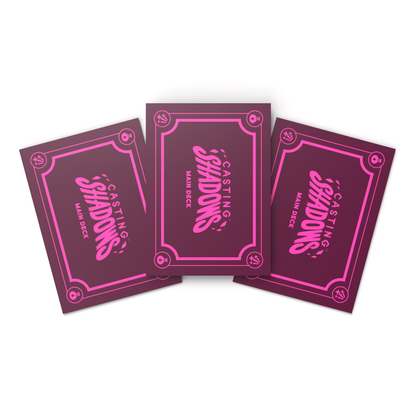 Four purple Unstable Games Casting Shadows: Card Sleeves with ornate borders, fanned out on a white background.