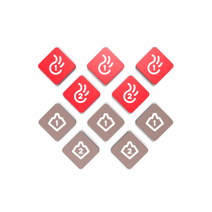 Square red and gray buttons arranged in a V shape, featuring icons of steam and numbers 1 and 2 on the red buttons, and house icons with numbers 1 and 2 on the gray buttons, are part of Unstable Games' Casting Shadows: The Molten Rock Expansion.