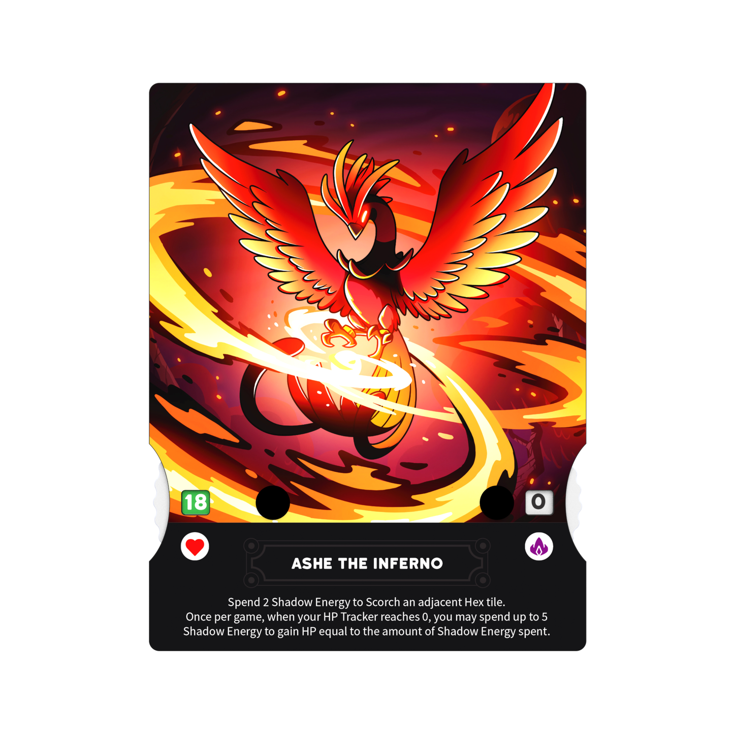 A digital card illustration from "Casting Shadows: The Molten Rock Expansion" by Unstable Games, featuring a red, phoenix-like character named "Ashe The Inferno" enveloped in flames, with text detailing its powers and stats such as HP and Shadow Energy usage.