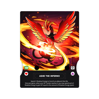 A digital card illustration from "Casting Shadows: The Molten Rock Expansion" by Unstable Games, featuring a red, phoenix-like character named "Ashe The Inferno" enveloped in flames, with text detailing its powers and stats such as HP and Shadow Energy usage.