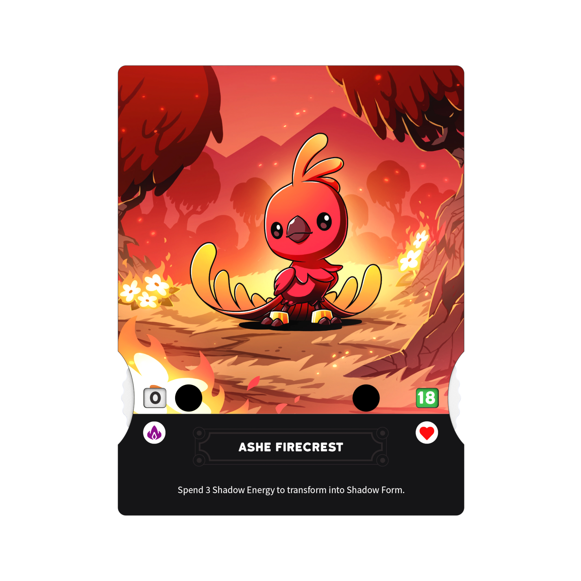 A card from Unstable Games' "Casting Shadows: The Molten Rock Expansion" featuring Ashe Firecrest, a small red bird character with yellow wings, set against a fiery forest backdrop. This card details the character's abilities and transformation requirements.