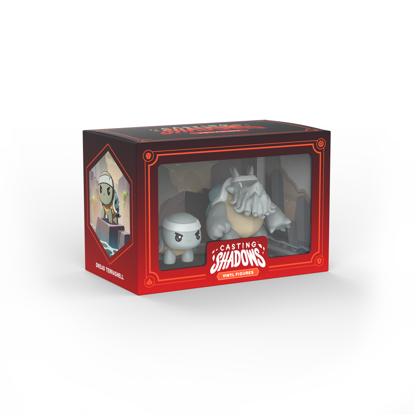 Boxed set of "Casting Shadows: Dread Terrashell & Dread the Ironclad Vinyl Figure Set" by Unstable Games, featuring two characters, with transparent front and side displaying the items.