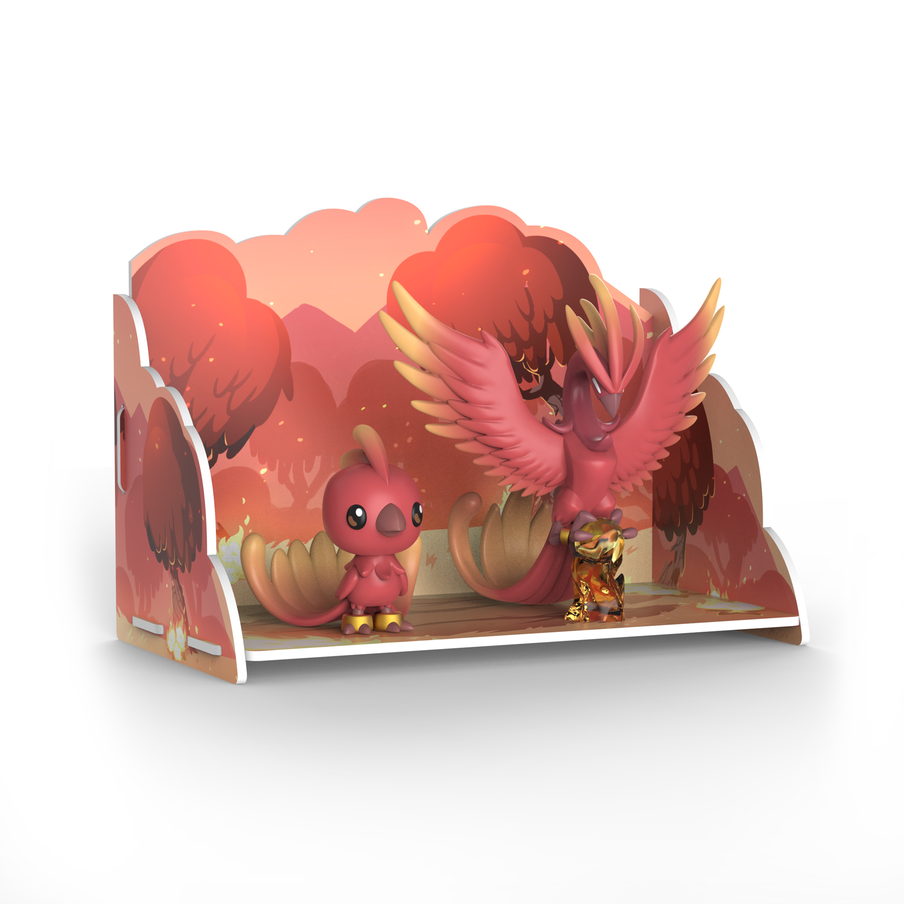 The "Casting Shadows: Ashe Firecrest & Ashe the Inferno Vinyl Figure Set" from Unstable Games features two stylized bird figurines, one with open wings perched on a tree stump, displayed against a backdrop depicting a forest with red and orange hues.