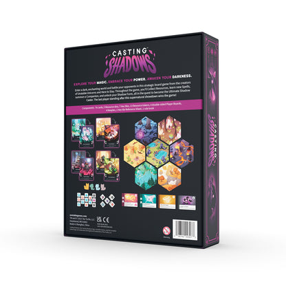 Board game box titled "Casting Shadows: Base Game" by Unstable Games displayed from an angle, showcasing the colorful cover art and game information including example gameplay images.