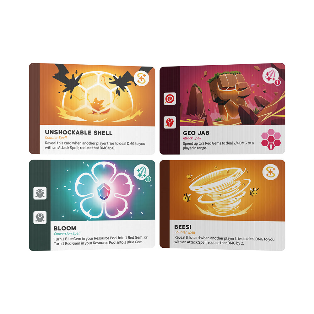 Four illustrated ability cards from the Unstable Games' Casting Shadows: Base Game + The Ice Storm Expansion Bundle board game depicting various powers such as "unshockable shell," "geo jab," "bloom," and "reveal." Each card features vibrant artwork.