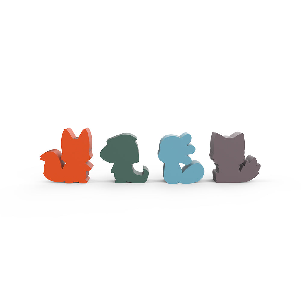 Four colorful profile silhouettes of different animals, including a squirrel, a bird, a rabbit, and a cat from the Unstable Games Kickstarter-funded board game Casting Shadows: Base Game, arranged in a row on a white background.
