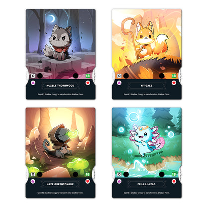 Four illustrated trading cards featuring fantasy animal characters in vibrant environments, each with distinct elemental themes like water and fire, from the Kickstarter-funded board game Casting Shadows: Base Game by Unstable Games.