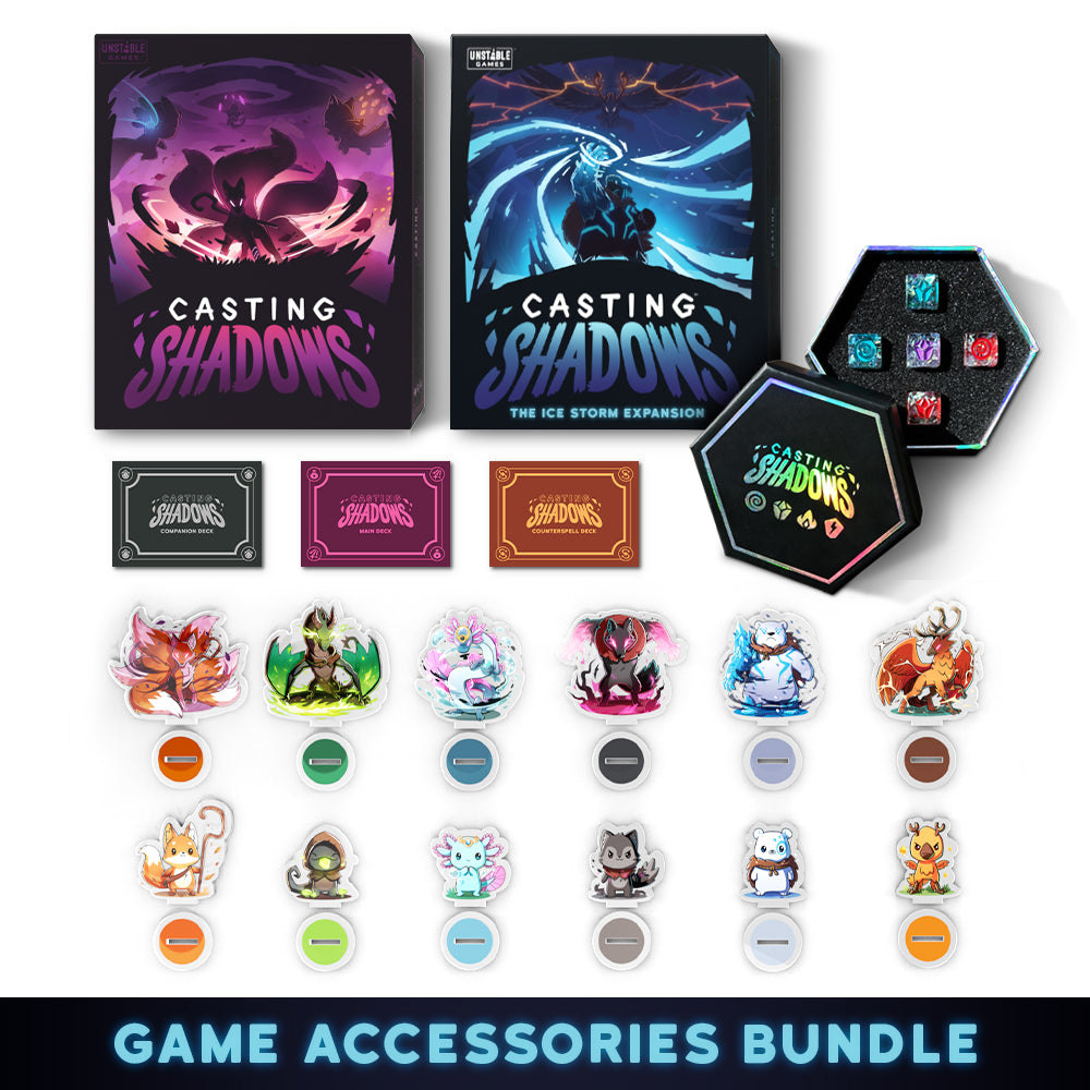 A collection of the "Casting Shadows: Game Accessories Bundle" strategic board game from Unstable Games, along with its "The Ice Storm Expansion," with various game accessories including character cards, tokens, and dice.