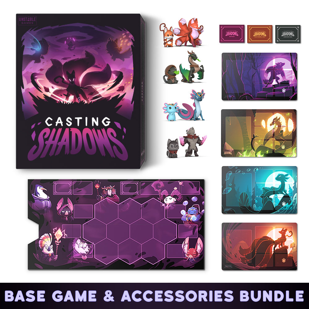 Strategic board game "Casting Shadows" base game and accessories bundle, featuring fantasy themed illustrations on the box and game components, with various creature and character cards by Unstable Games.
