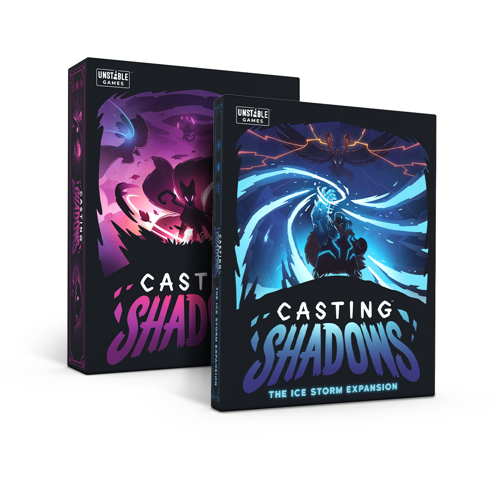 Two board game boxes for "Casting Shadows: Base Game + The Ice Storm Expansion Bundle" by Unstable Games, a strategic board game featuring vibrant fantasy artwork with a wizard and unicorns.