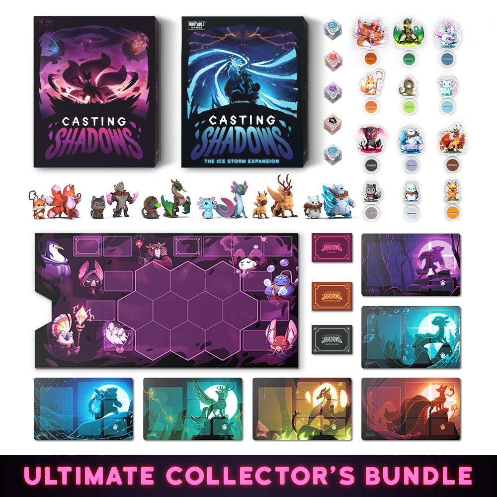 Ultimate collector’s bundle of Unstable Games' Casting Shadows, featuring game boxes, character figures, expansion sets including Ice Storm Expansion, and illustrated cards.