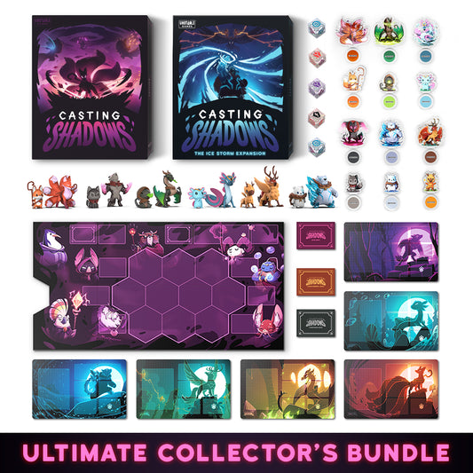Ultimate collector’s bundle of Unstable Games' Casting Shadows, featuring game boxes, character figures, expansion sets including Ice Storm Expansion, and illustrated cards.