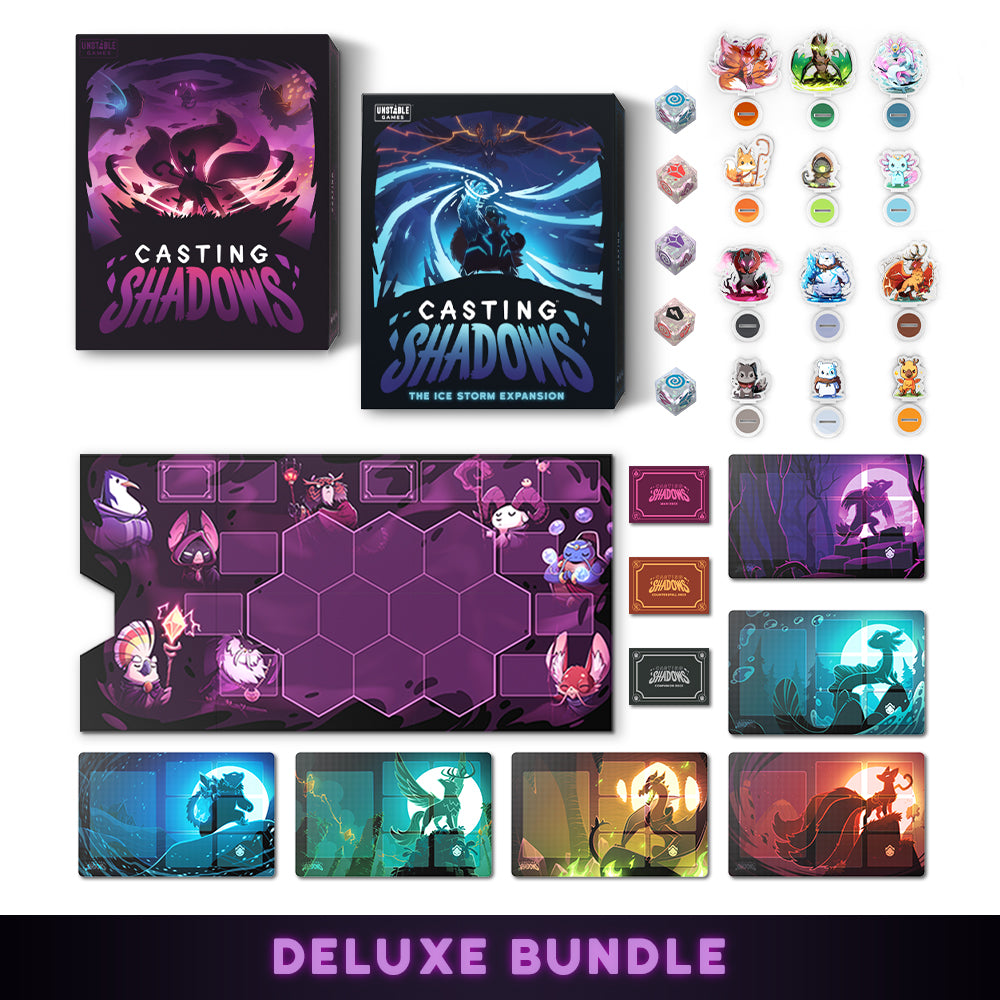 Casting Shadows: Deluxe Bundle by Unstable Games, featuring box art, cards, tokens, and game mats with vibrant, fantasy-themed illustrations.