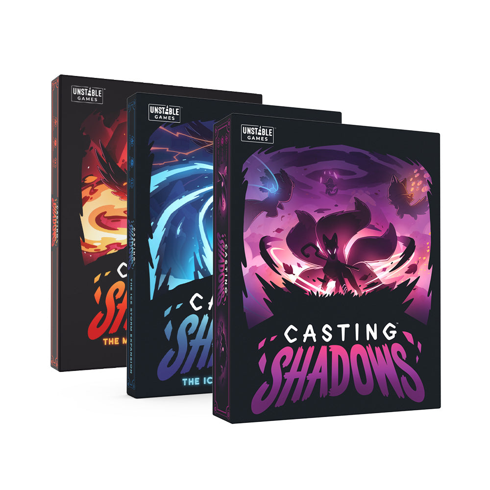 The image displays the "Casting Shadows: Base Game + 2 Expansion Bundle" by Unstable Games. The boxes are labeled "Casting Shadows," "The Nightmare," and "The Ice Storm" from left to right.