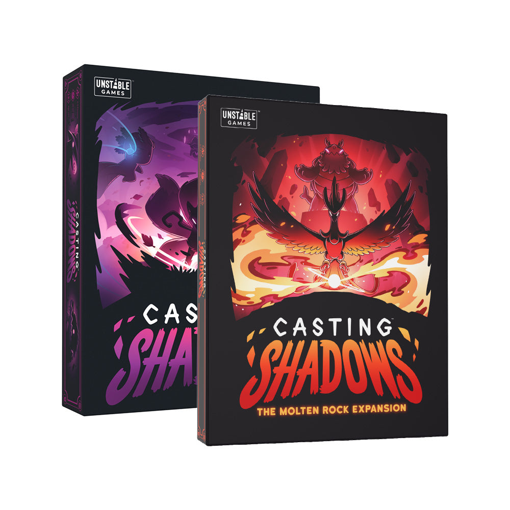 Two boxed games from Unstable Games. One is titled "Casting Shadows Base Game," and the other is titled "Casting Shadows: The Molten Rock Expansion" featuring artwork of magical and fiery elements.