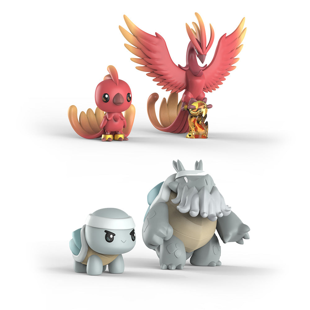 Two small red bird figurines from the Casting Shadows: The Molten Rock Expansion Vinyl Figure Set by Unstable Games are in the background, with a gray turtle-like creature and its smaller counterpart in the foreground.