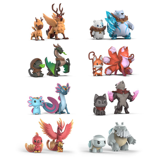 The Casting Shadows: Base Game + 2 Expansion Vinyl Figure Set from Unstable Games features twelve cartoonish, animal-like characters paired off into six sets, each showcasing distinct attributes like wings, horns, and vibrant colors.