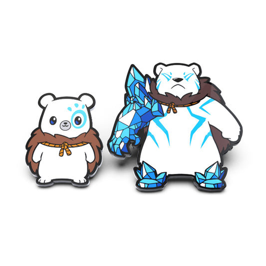 Two Frost Polarpaw & Frost the Merciless Enamel Pin Sets from Unstable Games: one small, white with blue markings, the other larger with a crystal arm and icy blue designs from the 