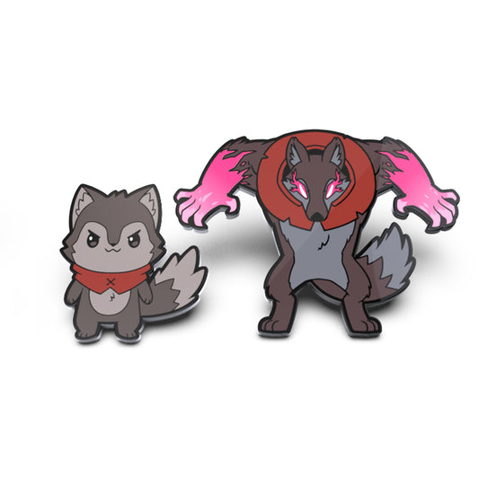Illustration of two Nuzzle Thornwood & Nuzzle the Savage Enamel Pin Set characters, one small with a red scarf, the other larger with red eyes and a muscular build by Unstable Games.
