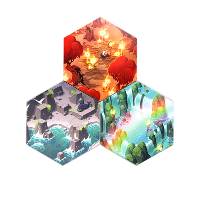 A hexagonal collage with three panels: a fiery forest, a rocky seaside with plants, and a vibrant waterfall scene. This artwork is reminiscent of the landscapes in Unstable Games' Casting Shadows: The Molten Rock Expansion, evoking both adventure and tranquility.