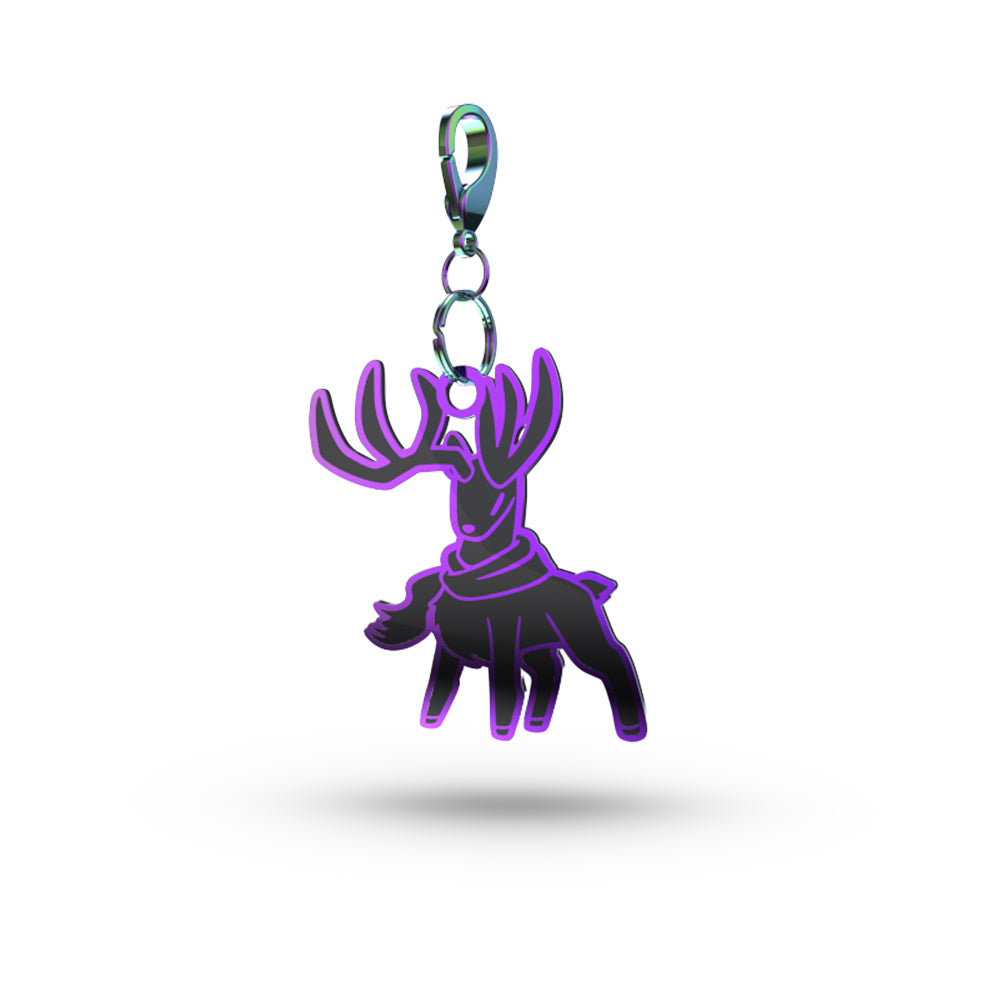 A purple Charging Stag Enamel Keychain with a glossy finish and a metal clip, isolated on a white background by Unstable Games.