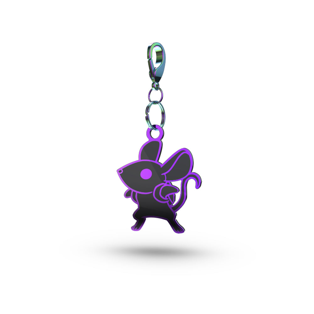 A stylized Speed Mouster Enamel Keychain featuring a purple mouse character with large ears and a tail, attached to a metal clip, created by Unstable Games.