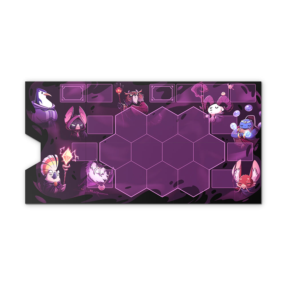 A game board featuring hexagonal spaces in the center, surrounded by colorful fantasy-themed characters on a black and purple background is the Casting Shadows: Central Board from Unstable Games.